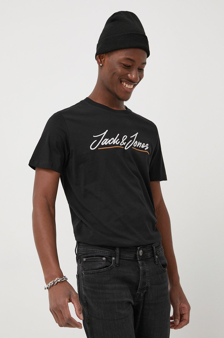 Jack & Jones t-shirt bawełniany kolor czarny z aplikacją