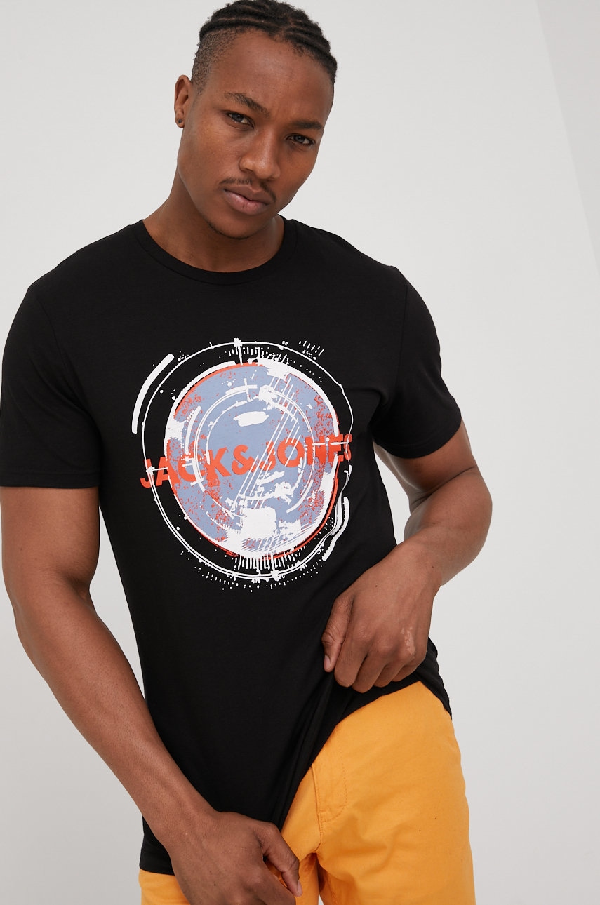 

Памучна тениска Jack & Jones в черно с принт, Черен