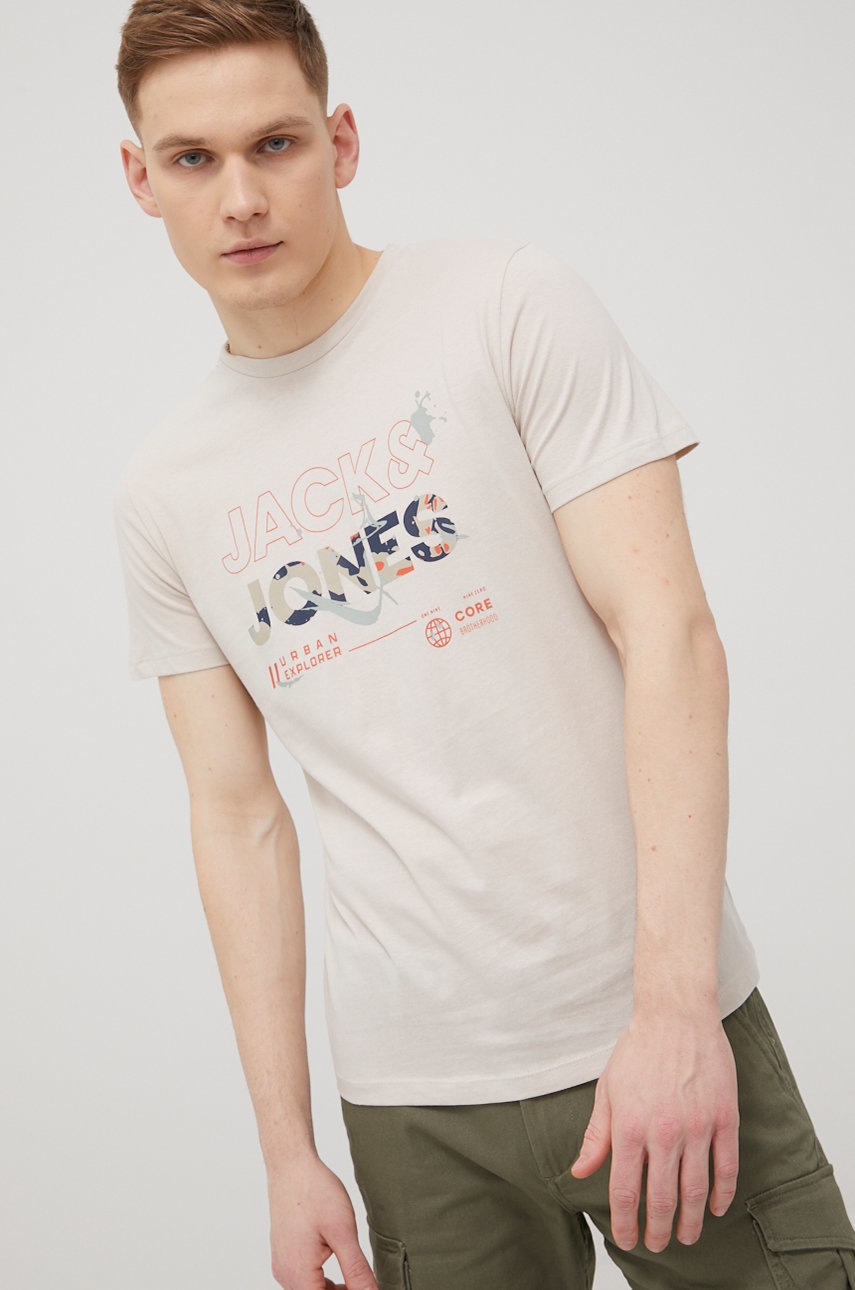 

Памучна тениска Jack & Jones в бежово с принт, Бежов