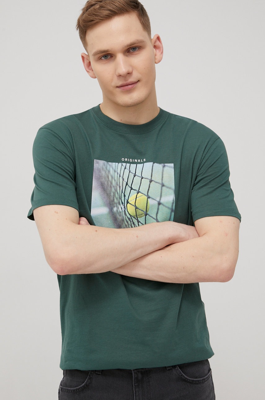 

Памучна тениска Jack & Jones в зелено с принт, Зелен