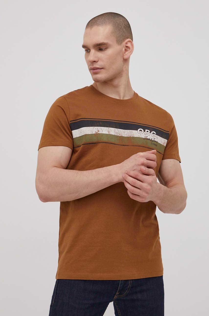 

Памучна тениска Jack & Jones в кафяво с принт, Кафяв