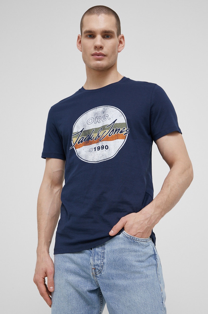 

Памучна тениска Jack & Jones в тъмносиньо с принт, Тъмносин