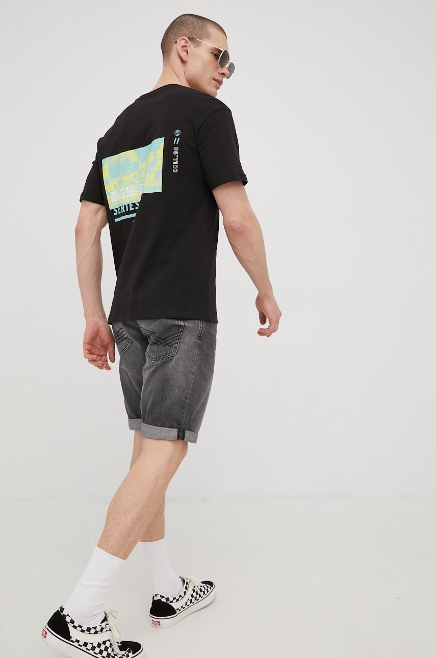 

Памучна тениска Jack & Jones в черно с принт, Черен