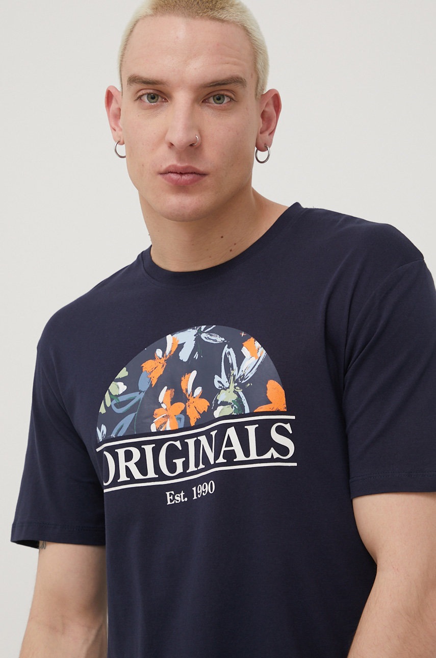 

Памучна тениска Jack & Jones в тъмносиньо с принт, Тъмносин