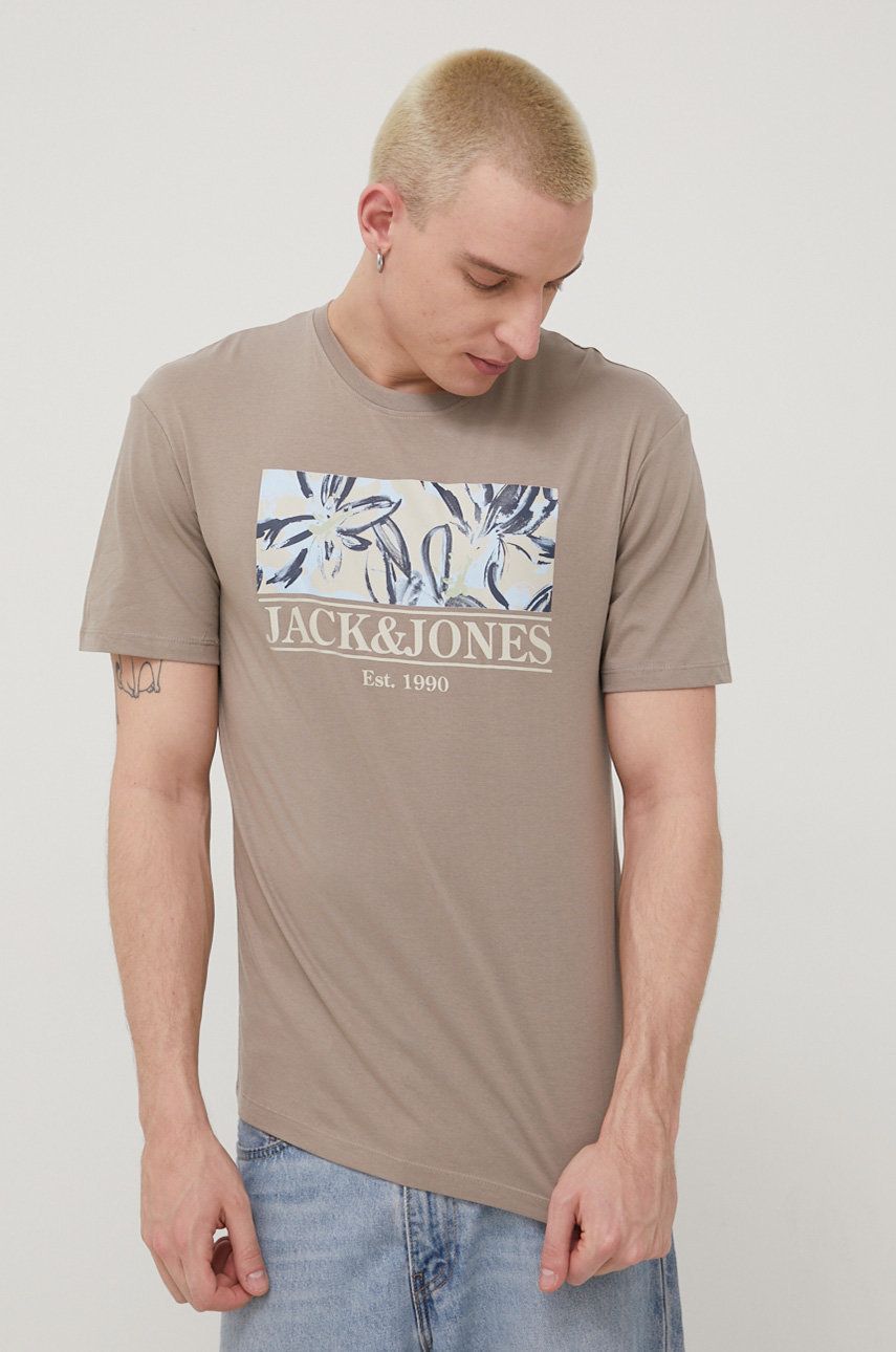 

Памучна тениска Jack & Jones в сиво с принт, Сив