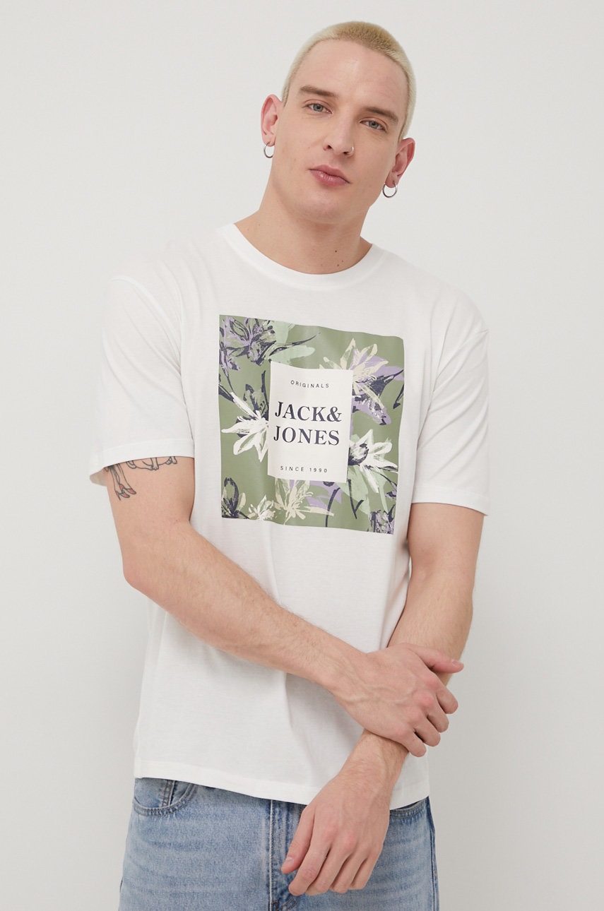 

Памучна тениска Jack & Jones в бяло с принт, Бял