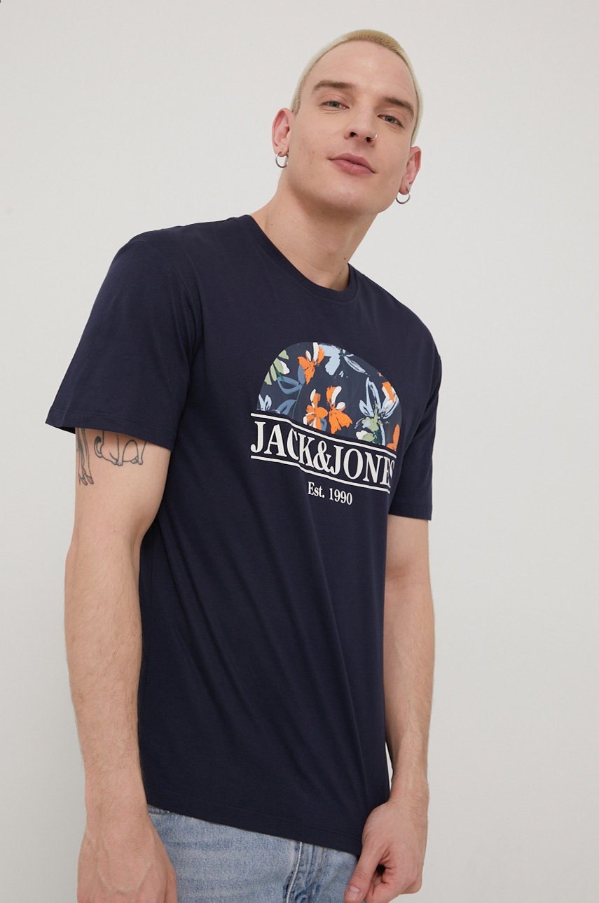 

Памучна тениска Jack & Jones в тъмносиньо с принт, Тъмносин