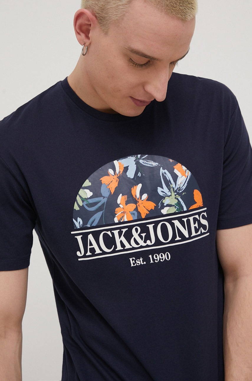 

Хлопковая футболка Jack & Jones цвет синий с принтом