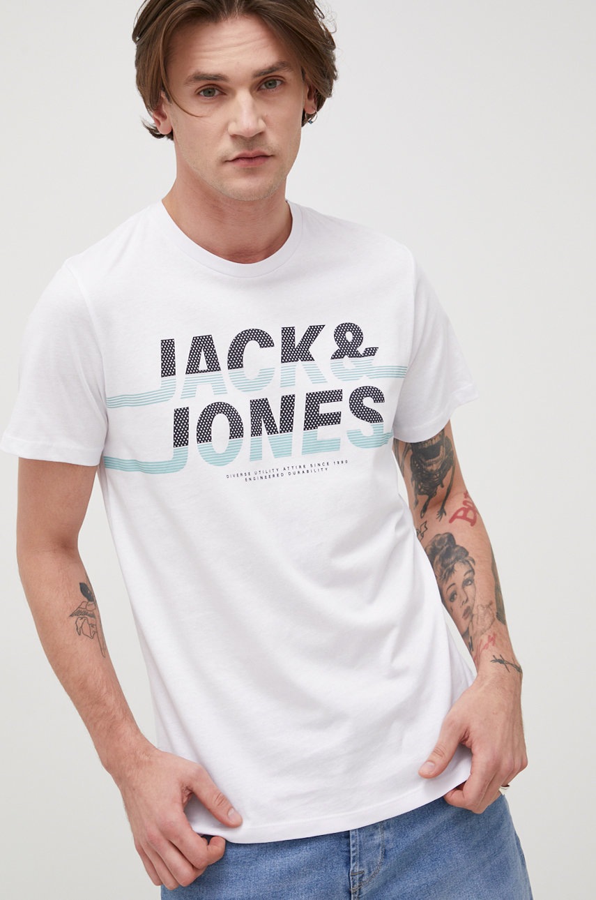 

Памучна тениска Jack & Jones в бяло с принт, Бял