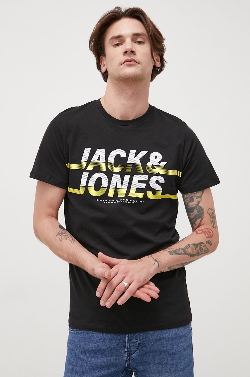 

Памучна тениска Jack & Jones в черно с принт, Черен