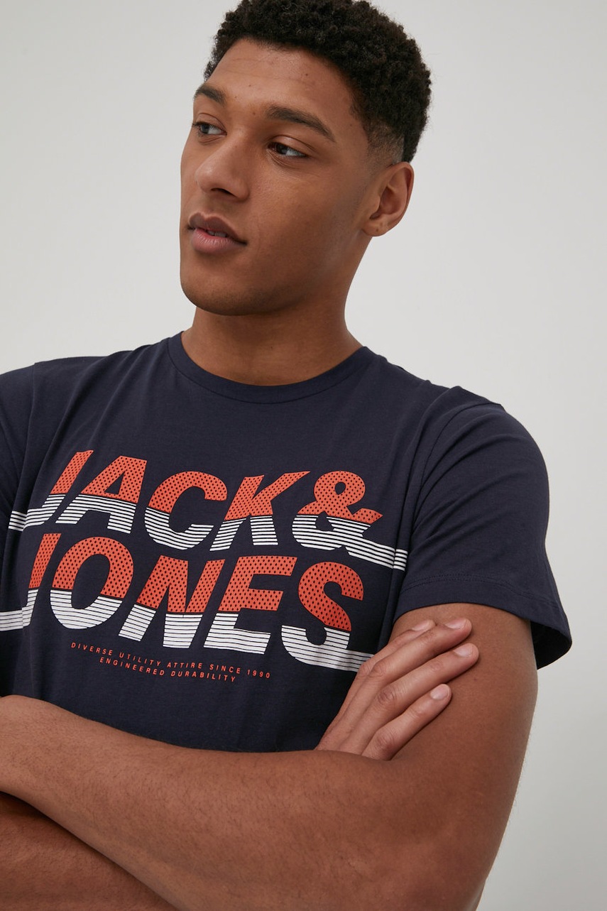 

Памучна тениска Jack & Jones в тъмносиньо с принт, Тъмносин