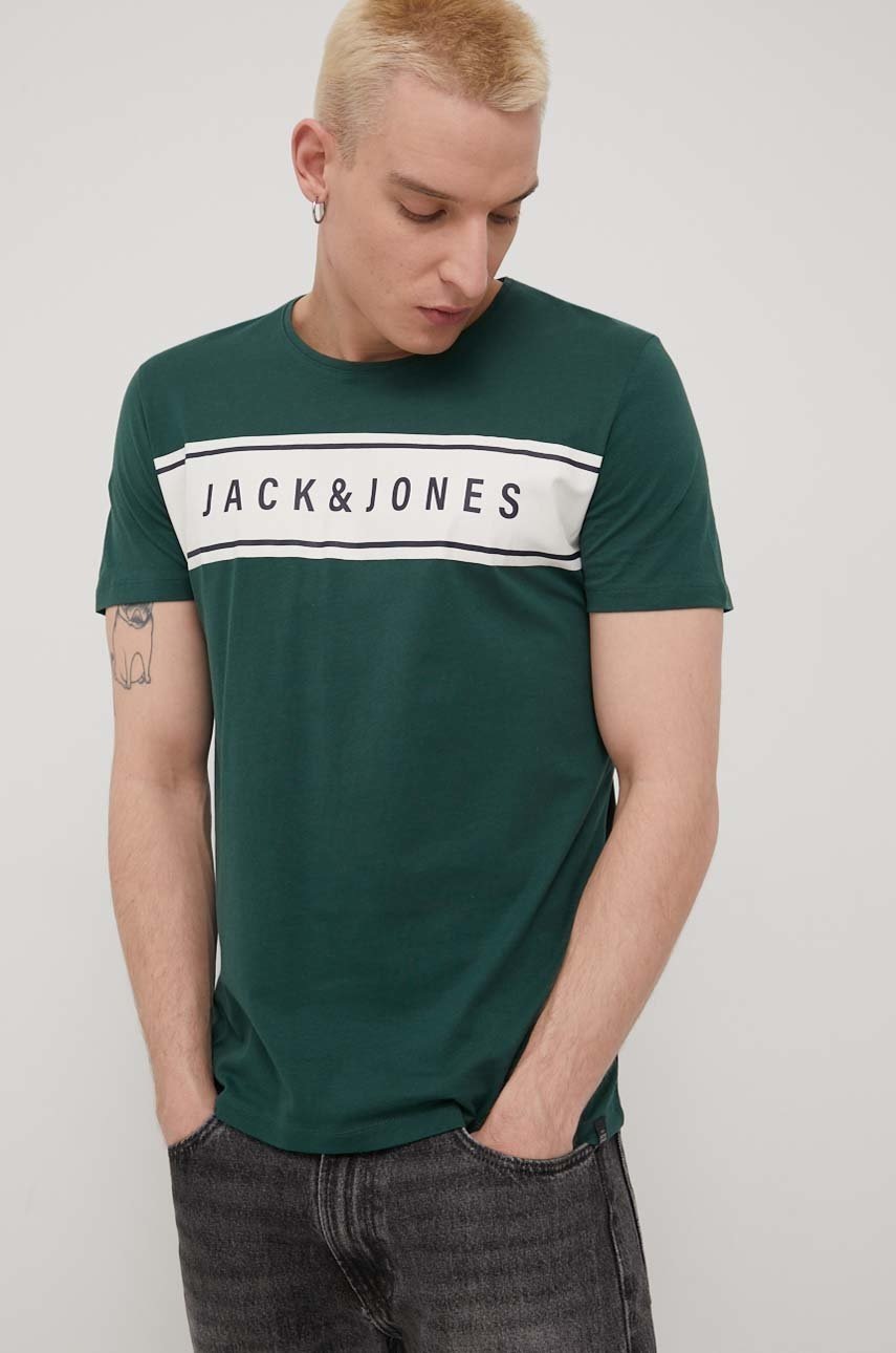 

Памучна тениска Jack & Jones в зелено с принт, Зелен