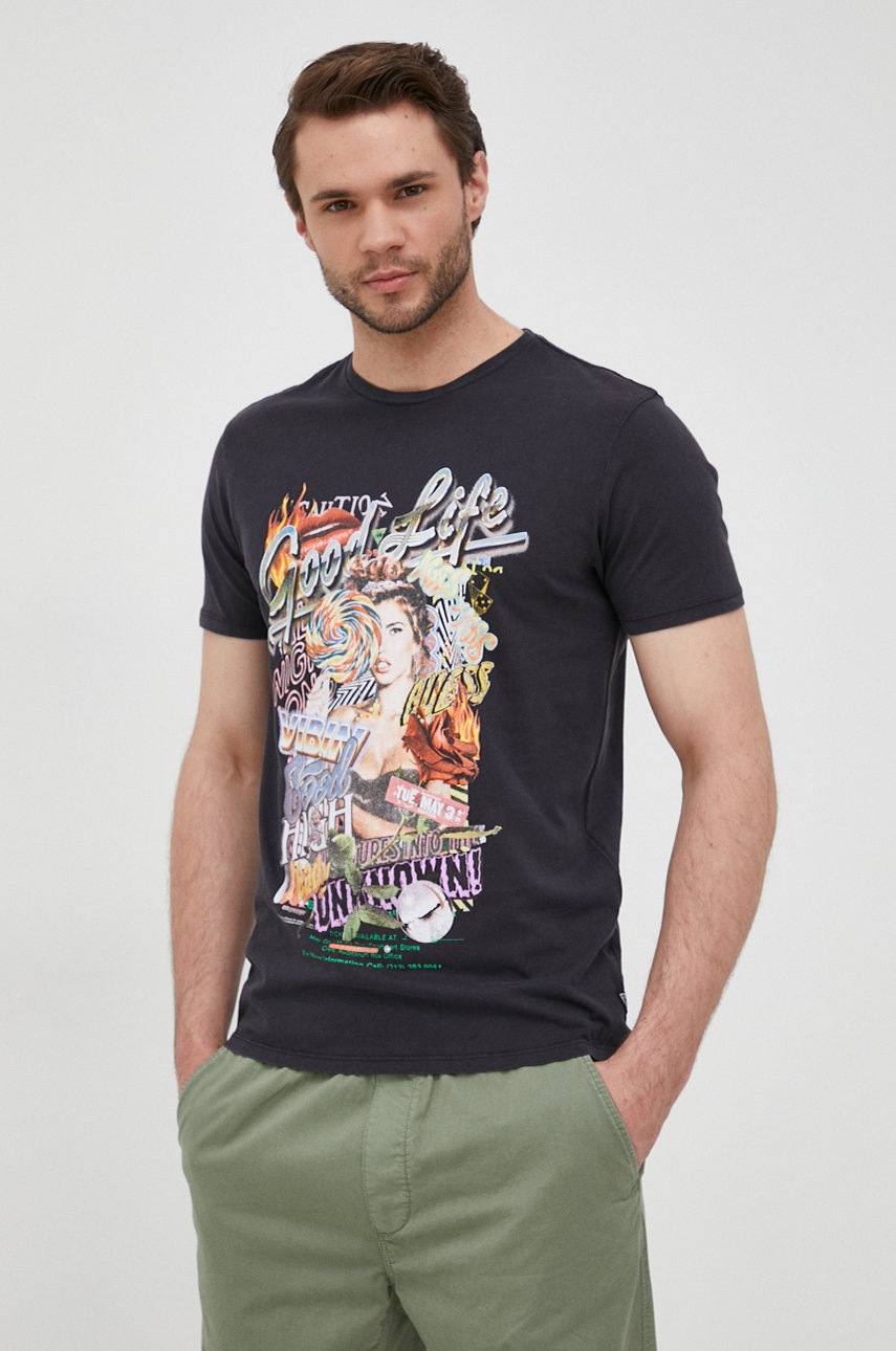 

Памучна тениска Guess в черно с принт, Черен