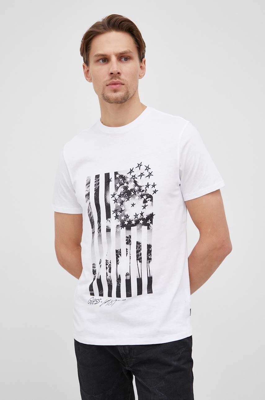 

Памучна тениска Guess в бяло с принт, Бял