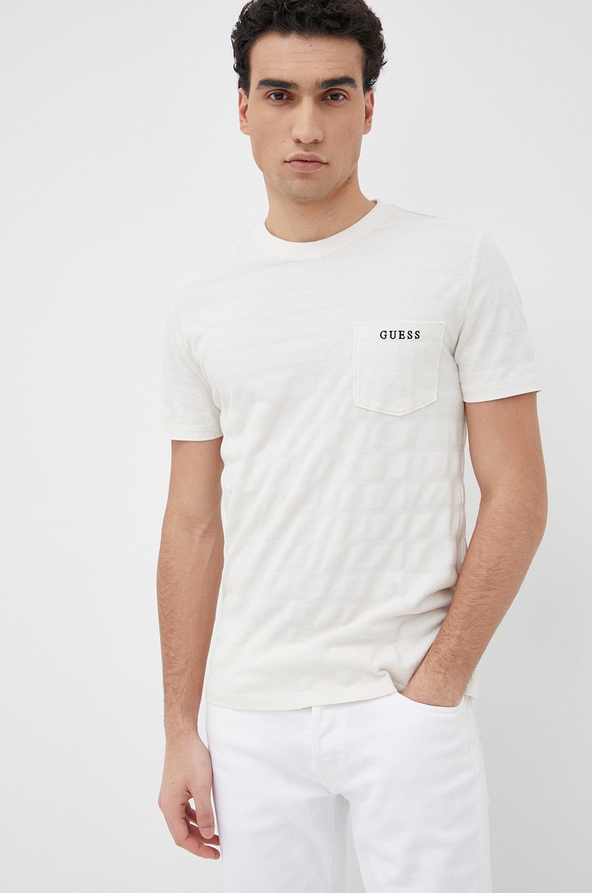 

Памучна тениска Guess в бежово с изчистен дизайн, Бежов