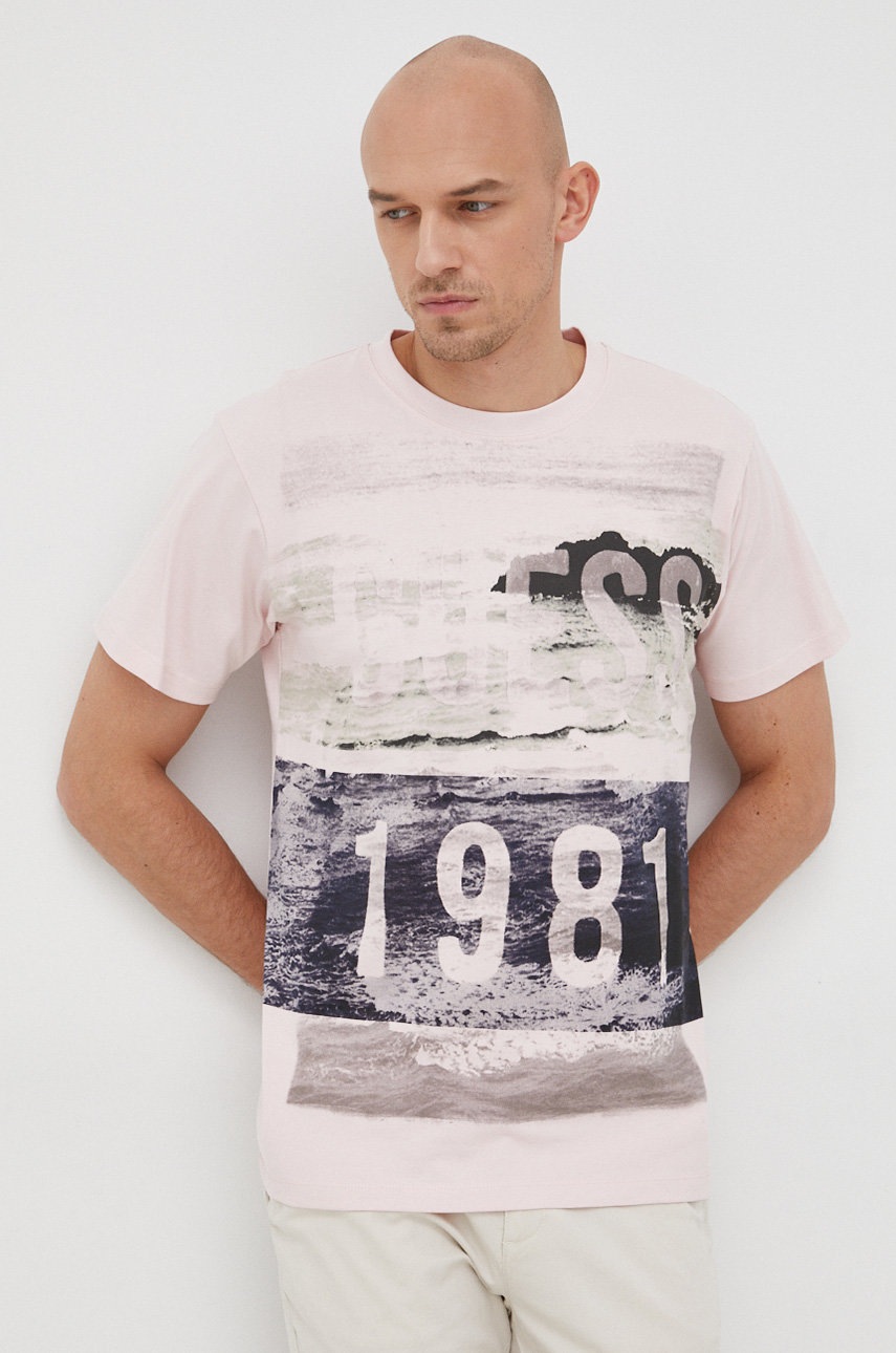 

Памучна тениска Guess в розово с принт, Розов