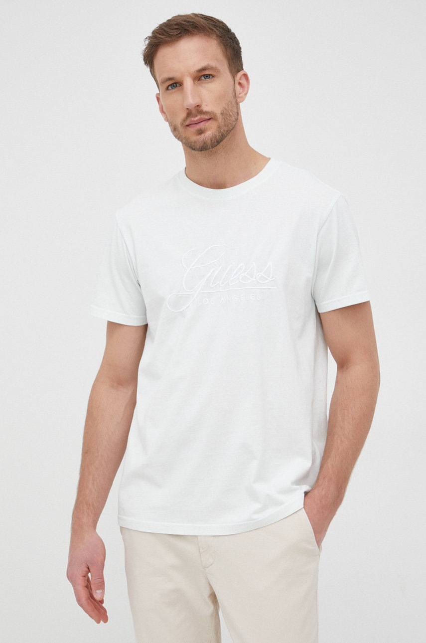 

Памучна тениска Guess в зелено с апликация, Зелен