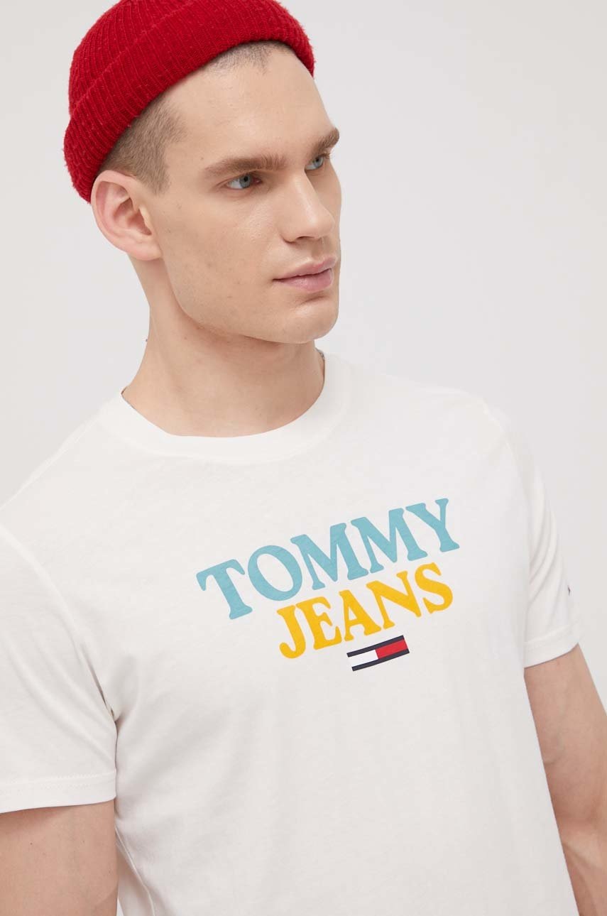 

Памучна тениска Tommy Jeans в бежово с принт, Бежов