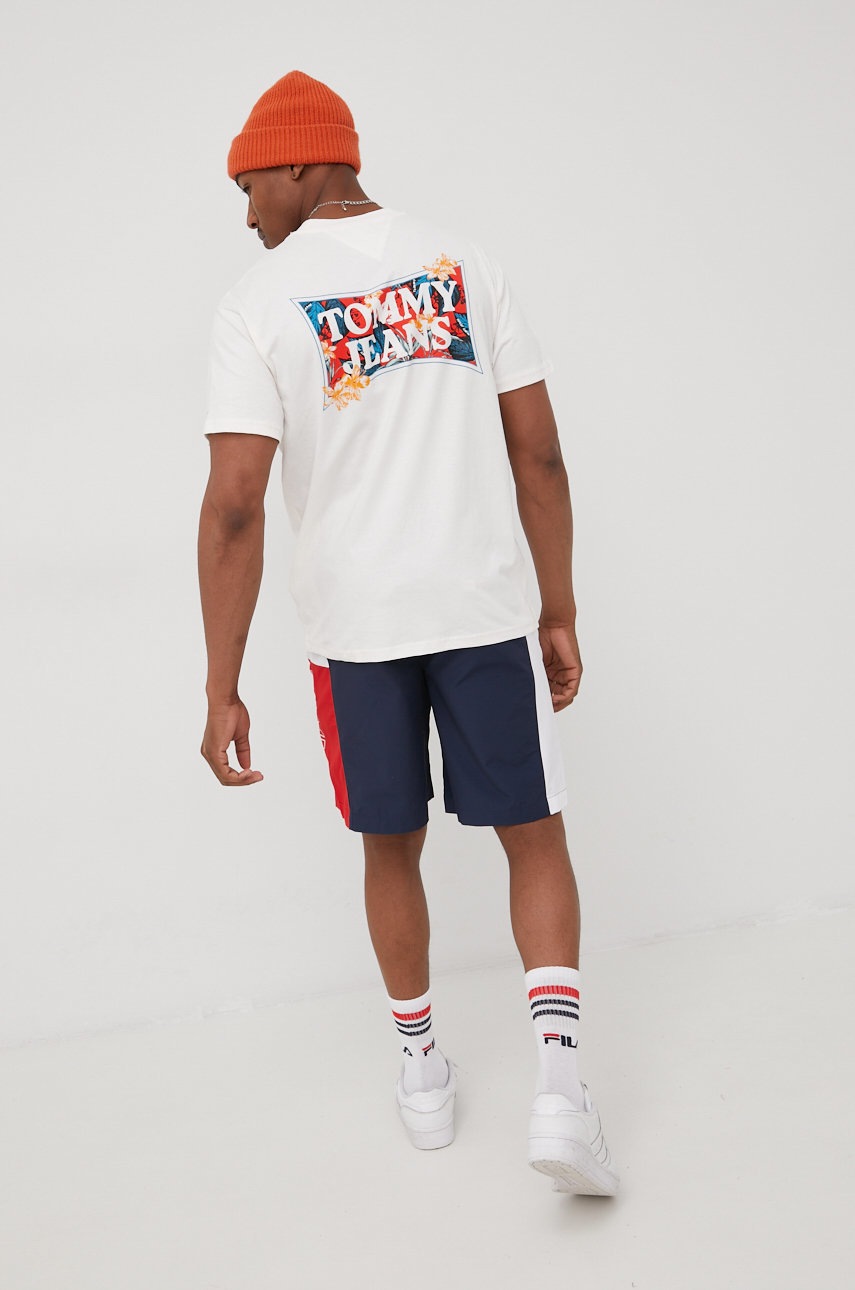 

Памучна тениска Tommy Jeans в бежово с принт, Бежов