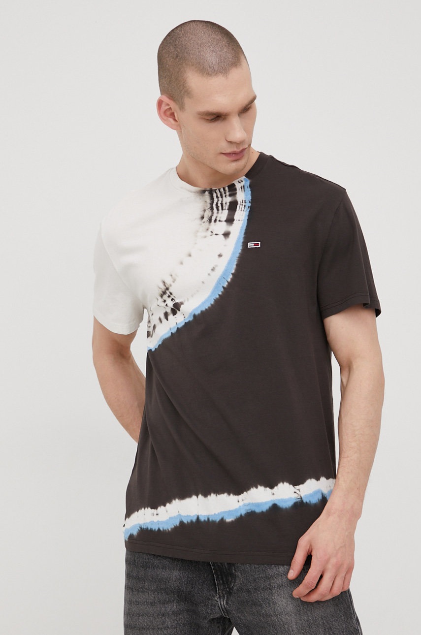 

Памучна тениска Tommy Jeans в черно с десен, Черен
