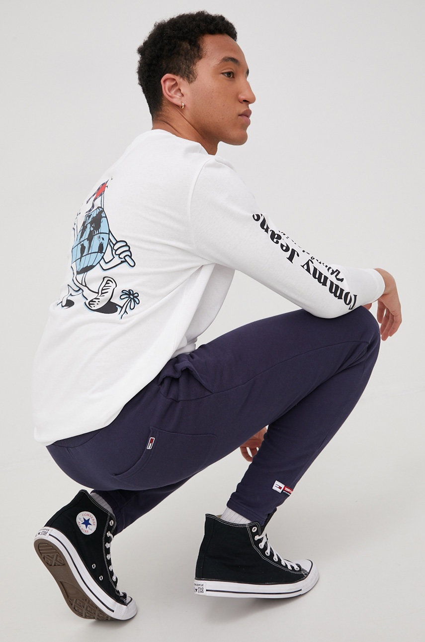 

Памучна блуза с дълги ръкави Tommy Jeans в бяло с принт, Бял