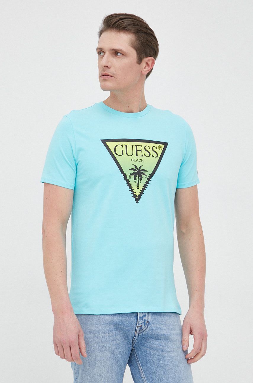 Tričko Guess pánske, tyrkysová farba, s potlačou