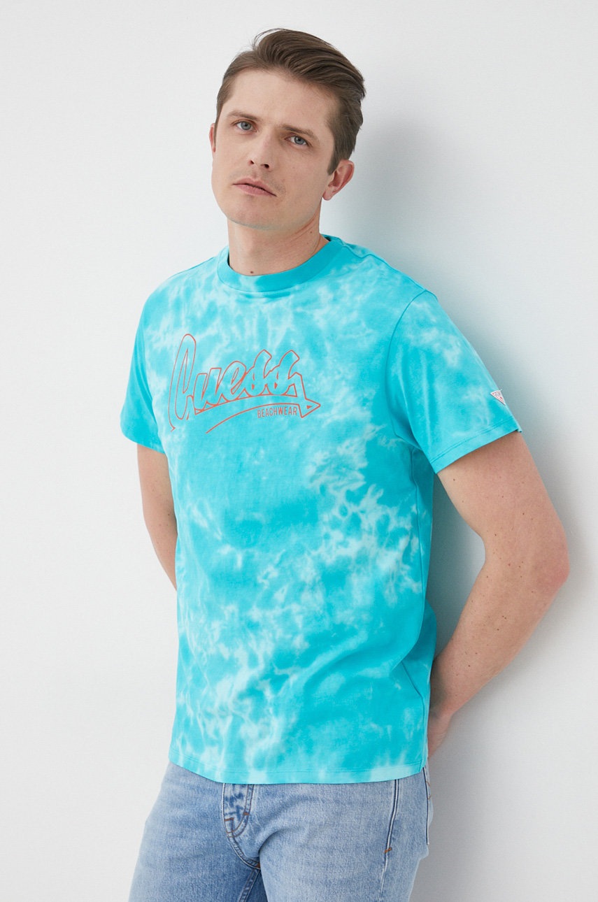 

Памучна тениска Guess с принт, Син