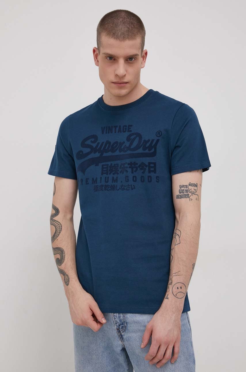 

Памучна тениска Superdry в тъмносиньо с принт, Тъмносин