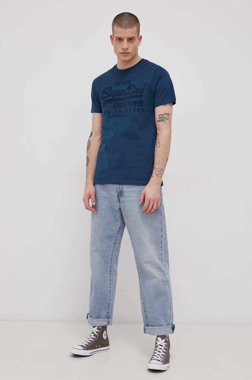 

Бавовняна футболка Superdry колір синій з принтом