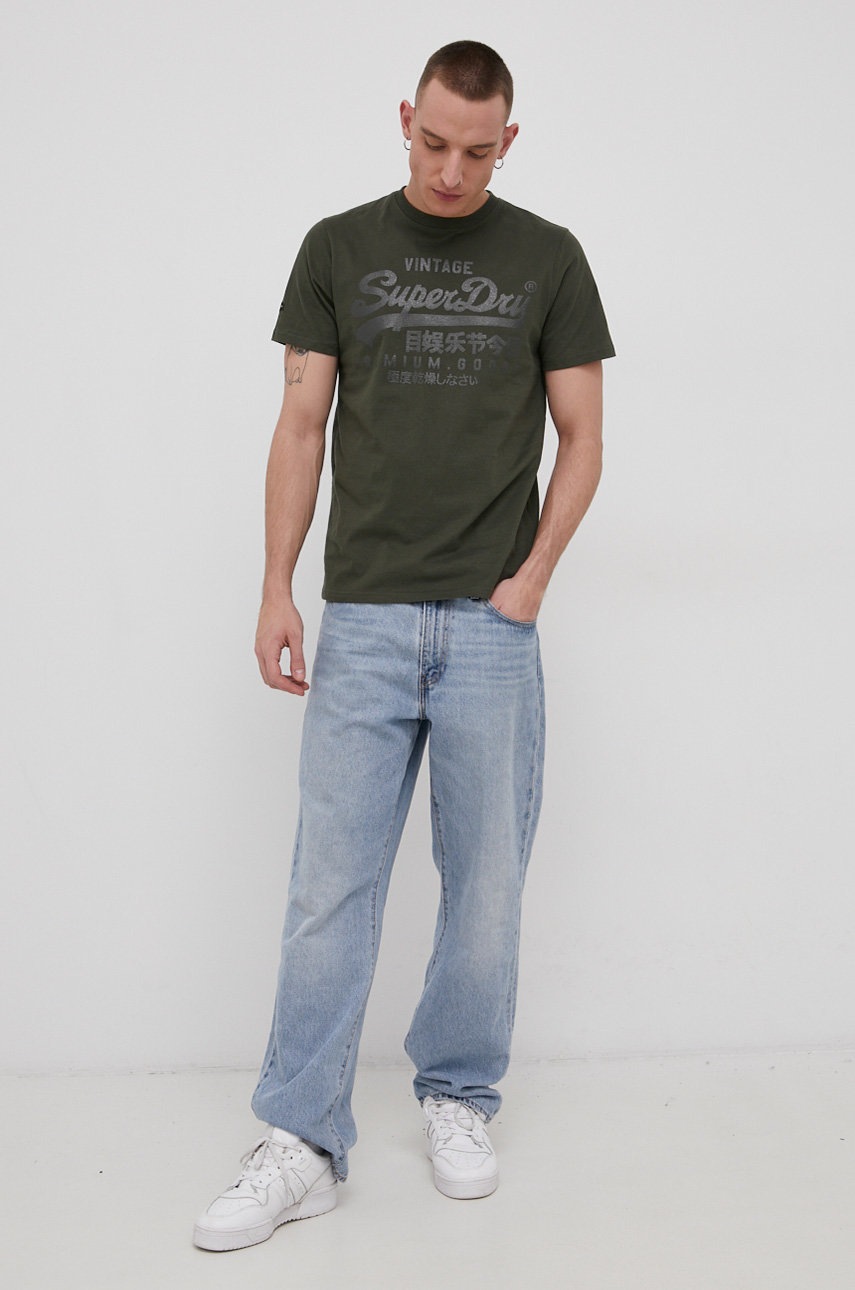 

Бавовняна футболка Superdry колір зелений однотонний