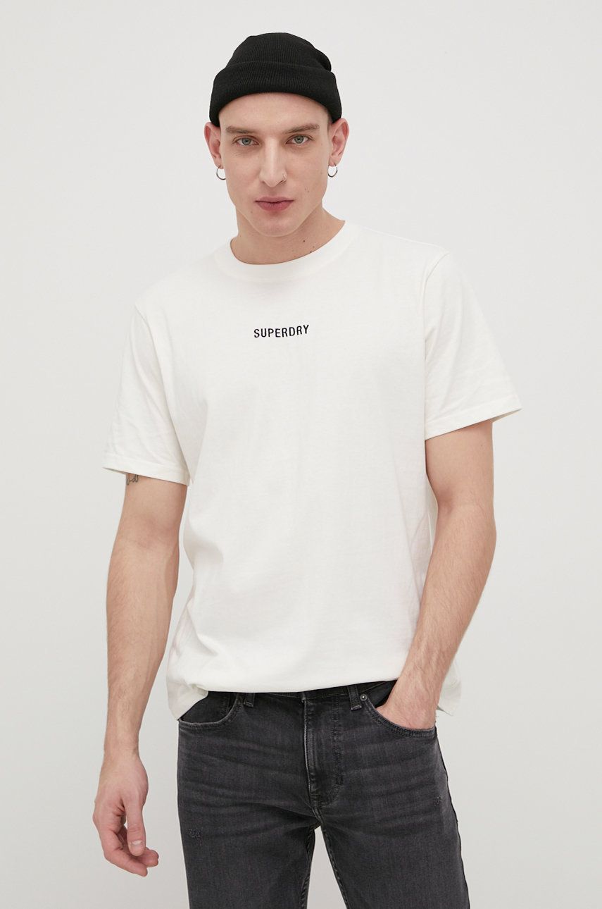 Superdry T-shirt bawełniany kolor beżowy z aplikacją