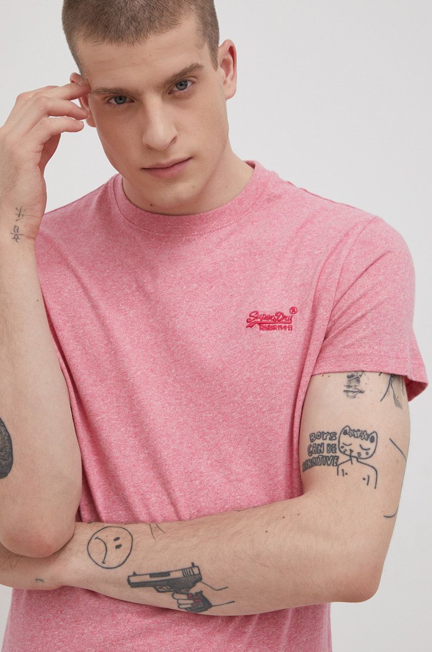 Bavlněné tričko Superdry růžová barva, hladké - růžová -  100% Bavlna
