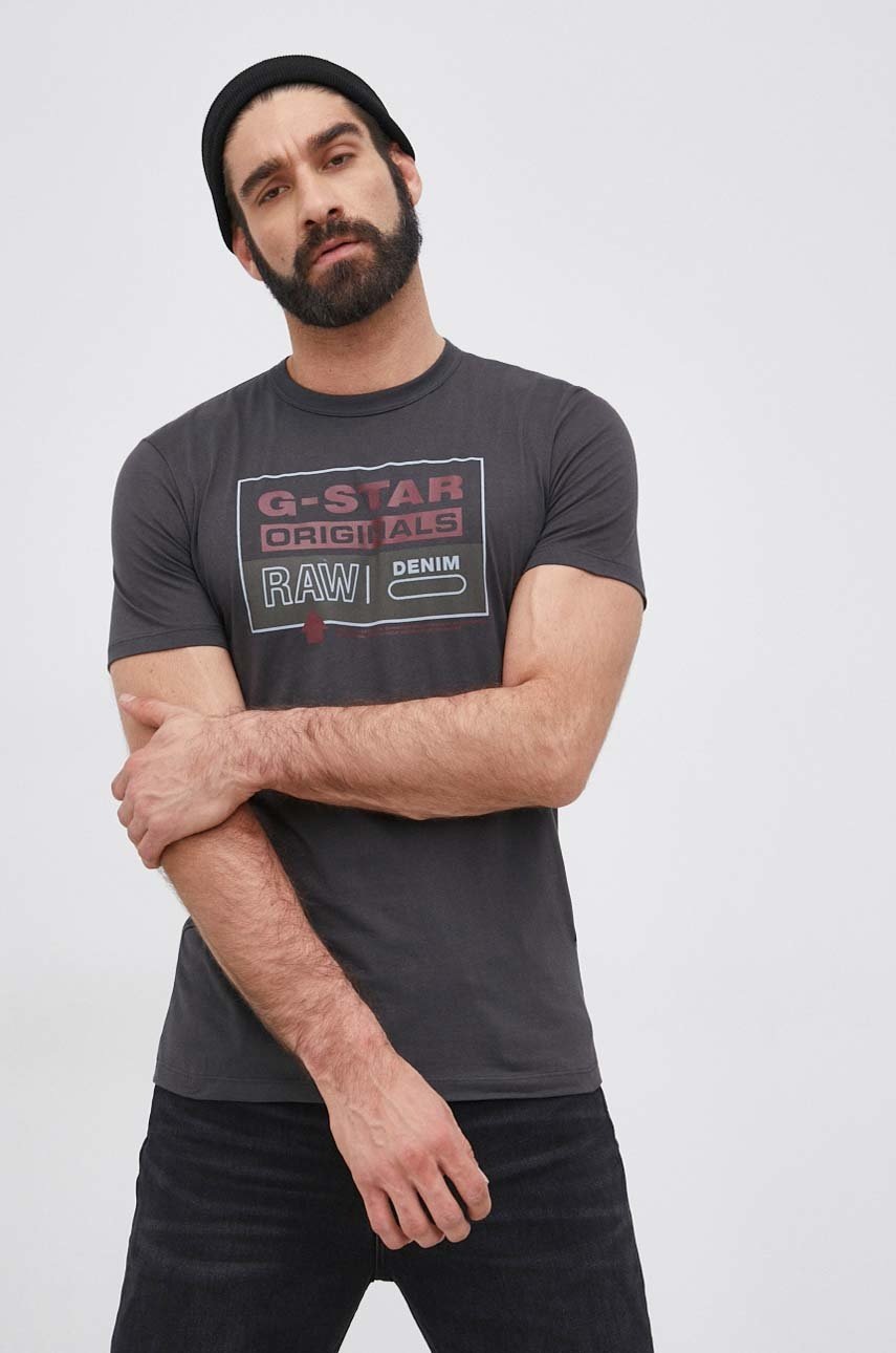 

Памучна тениска G-Star Raw в сиво с принт, Сив