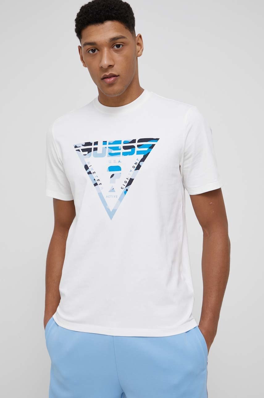 

Памучна тениска Guess в бяло с принт, Бял