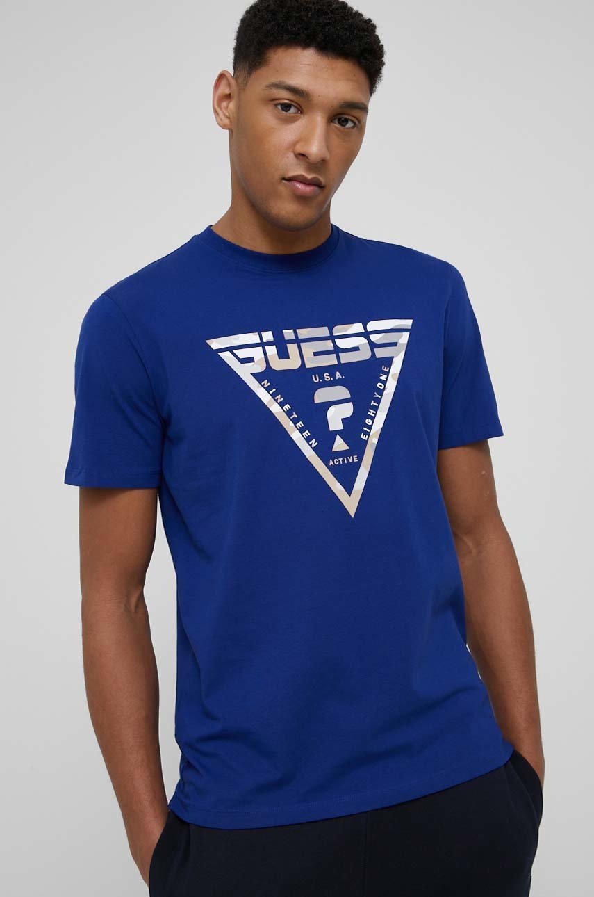 

Памучна тениска Guess с принт, Син