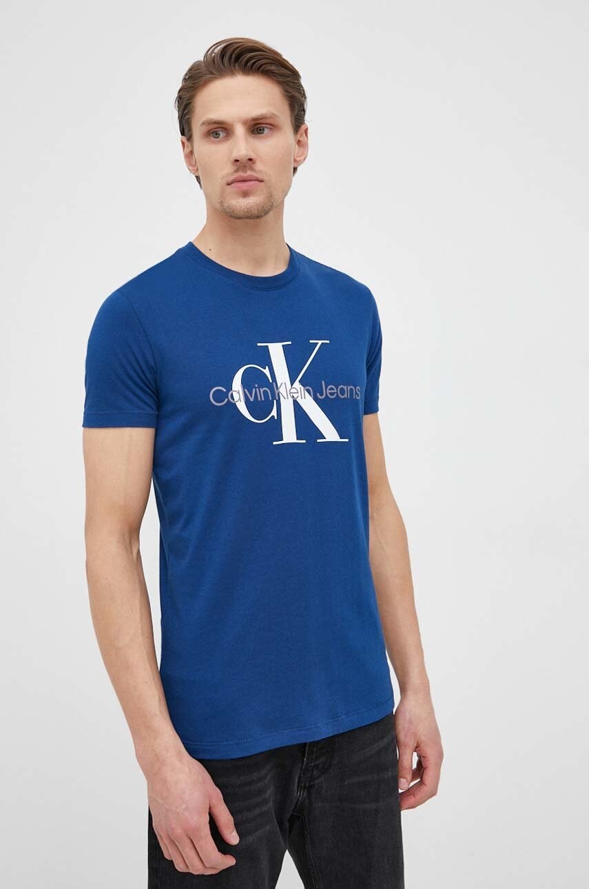 

Памучна тениска Calvin Klein Jeans с принт, Син