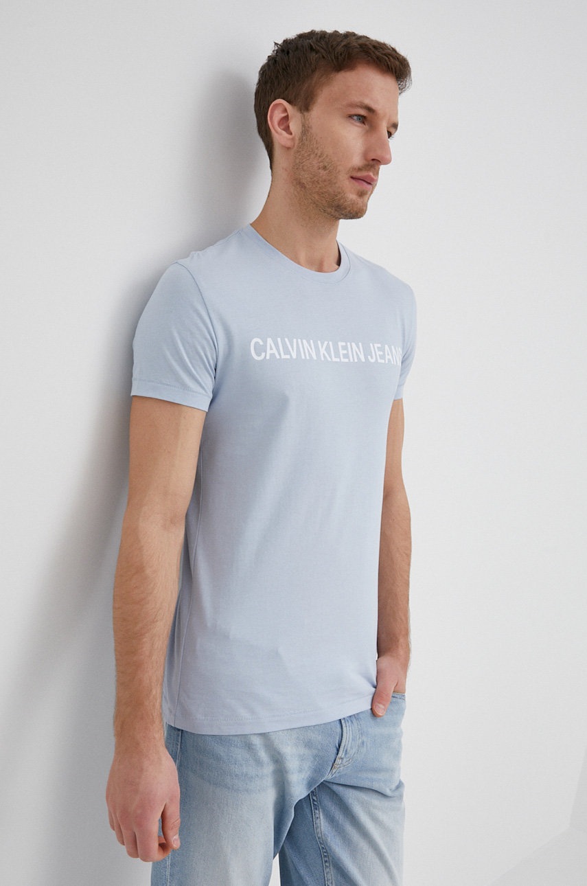 

Памучна тениска Calvin Klein Jeans с принт, Син