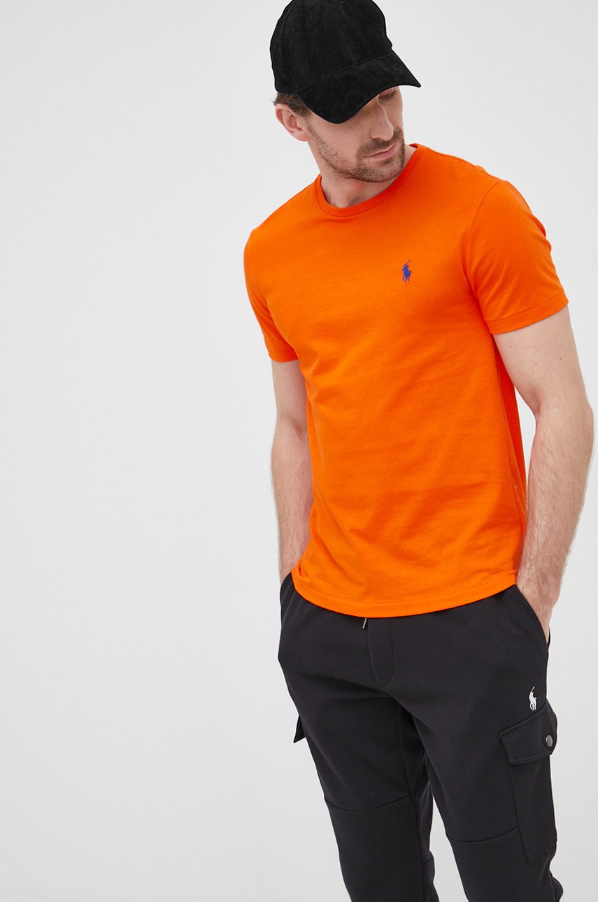 

Памучна тениска Polo Ralph Lauren в оранжево с изчистен дизайн, Оранжев