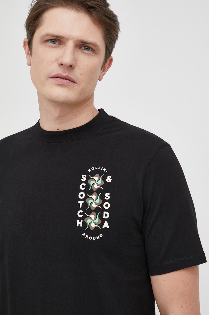 

Памучна тениска Scotch & Soda в черно с принт, Черен