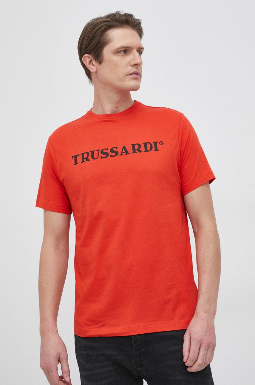 Trussardi tricou din bumbac culoarea portocaliu, cu imprimeu