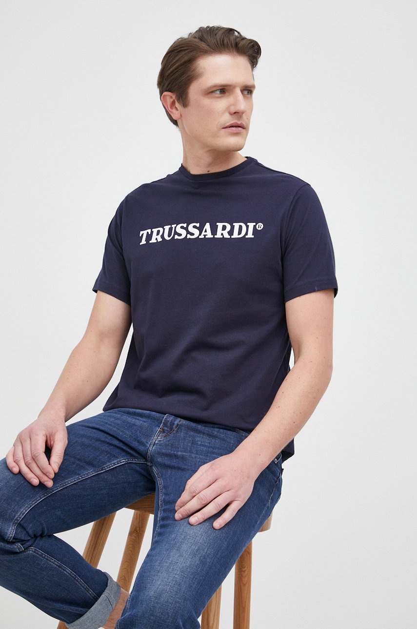 

Памучна тениска Trussardi в тъмносиньо с принт, Тъмносин