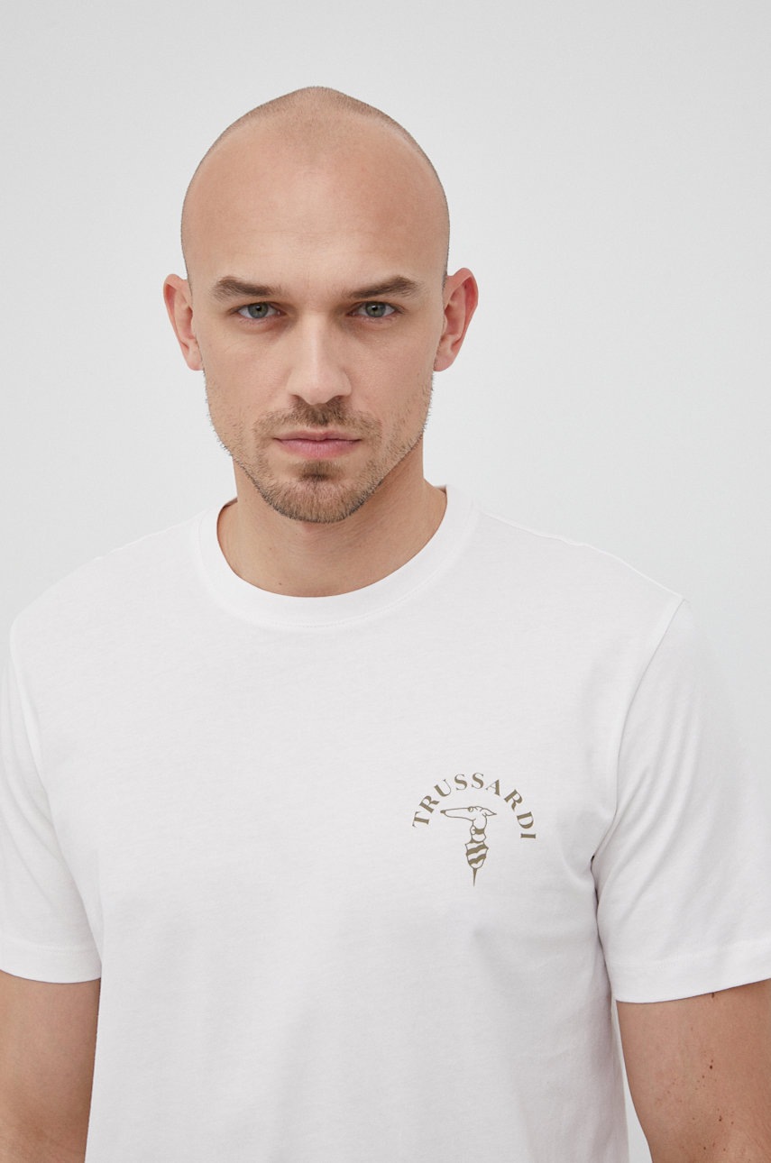 

Памучна тениска Trussardi в бяло с принт, Бял