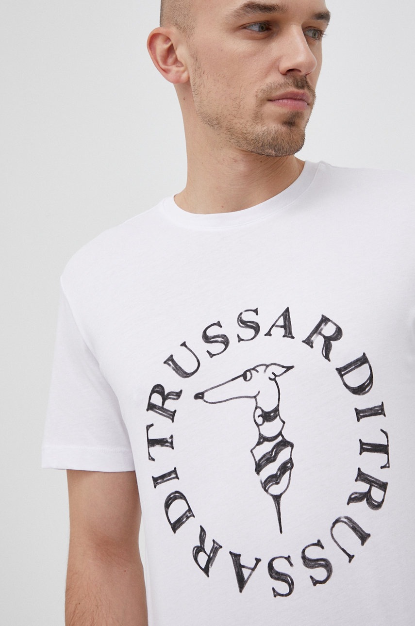 

Памучна тениска Trussardi в бяло с принт, Бял