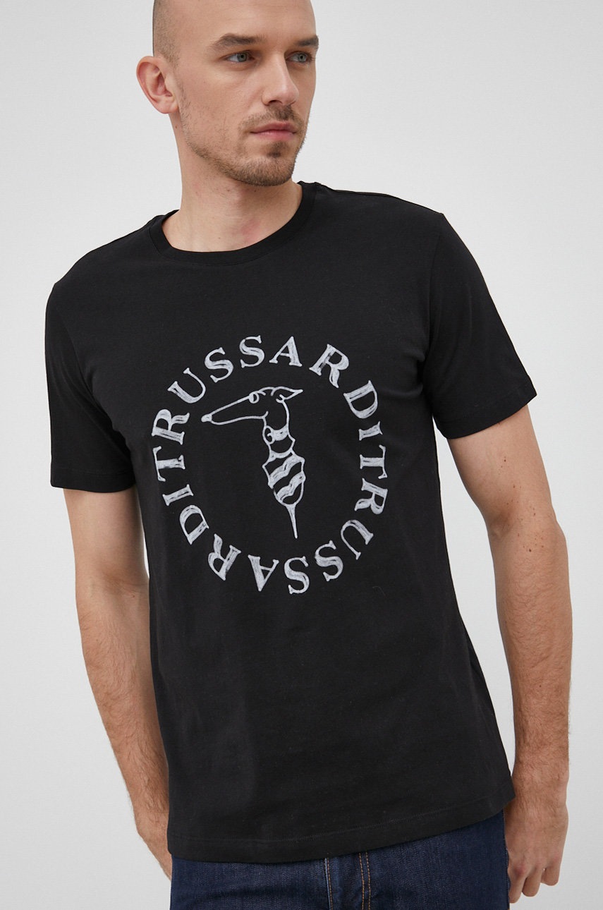 

Памучна тениска Trussardi в черно с принт, Черен
