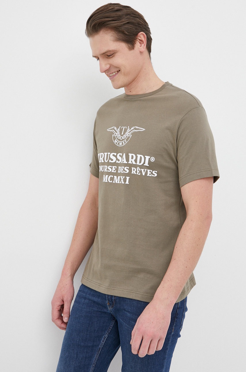 

Бавовняна футболка Trussardi колір зелений з принтом