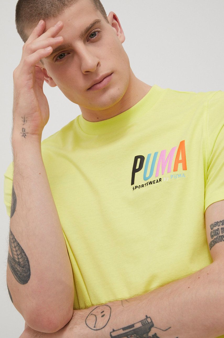 Puma tricou din bumbac culoarea galben, cu imprimeu 2023 ❤️ Pret Super answear imagine noua 2022