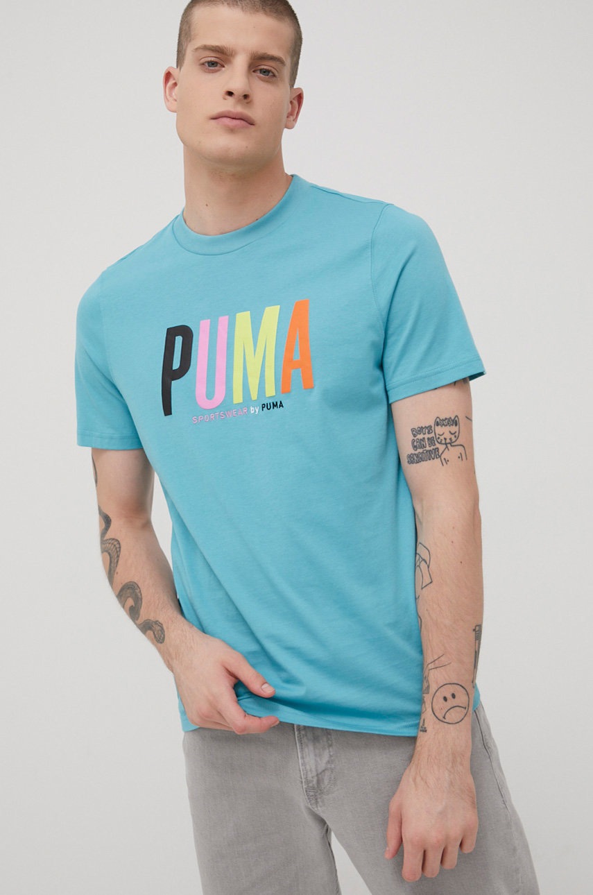 

Памучна тениска Puma 533623 в тюркоазено с апликация, Тюркоазен