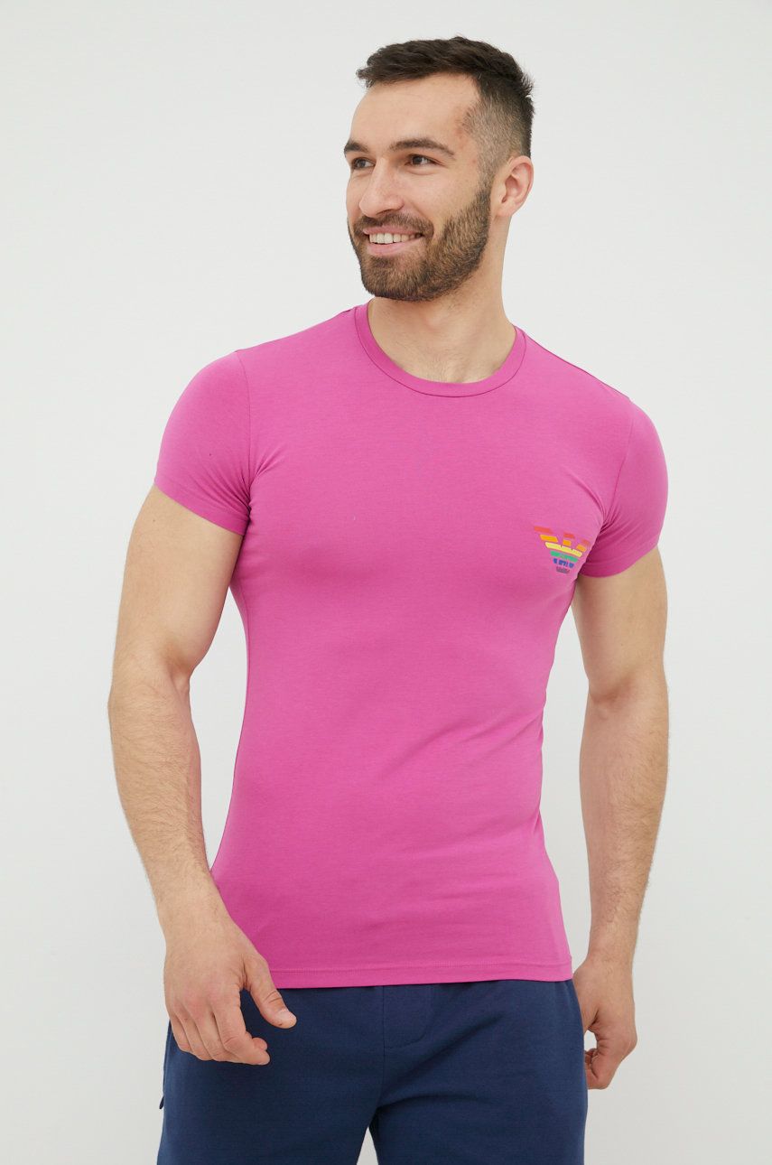 Emporio Armani Underwear tricou barbati, culoarea roz, cu imprimeu answear.ro