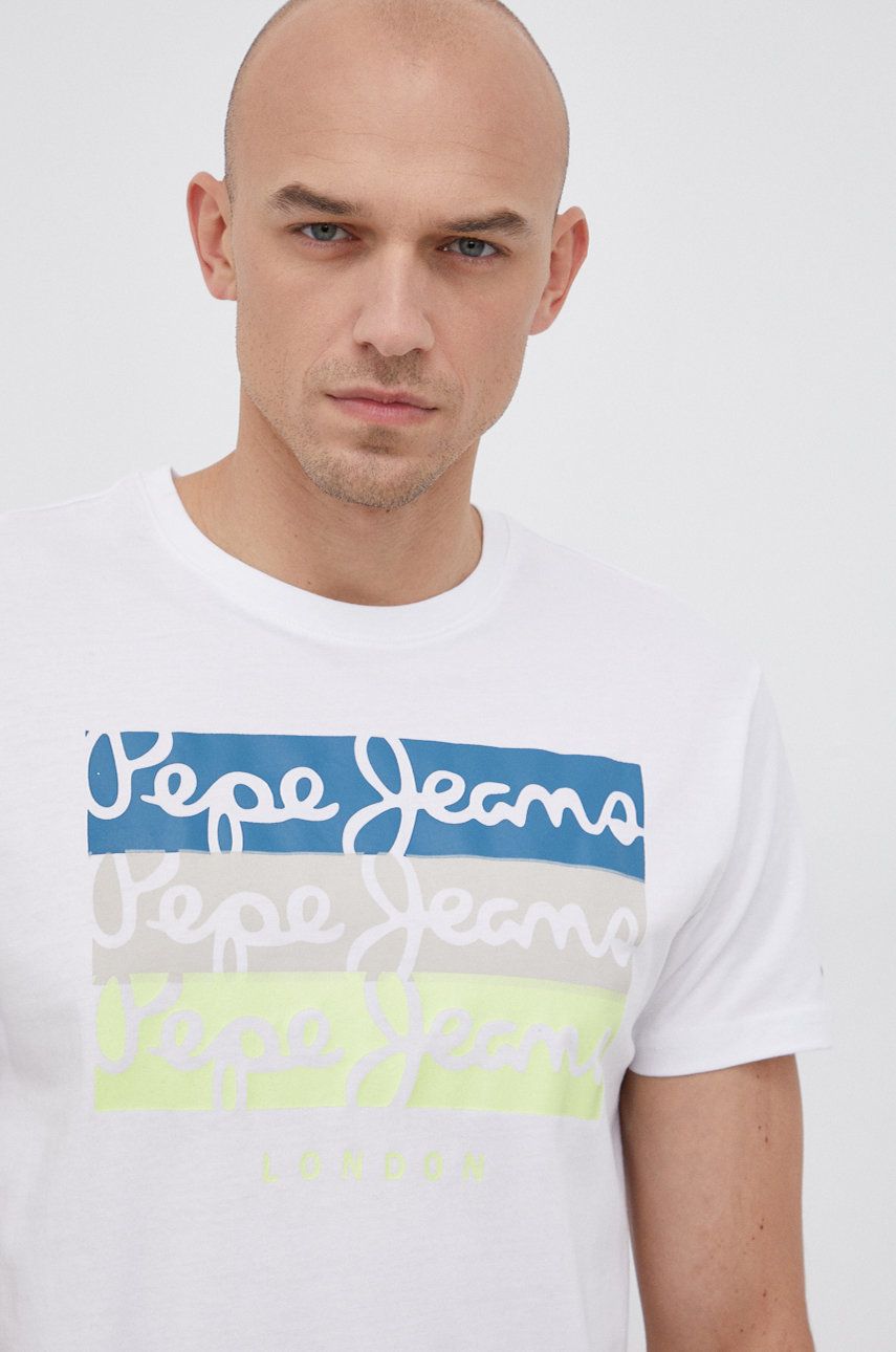 Pepe Jeans Tricou din bumbac Abaden culoarea alb, cu imprimeu