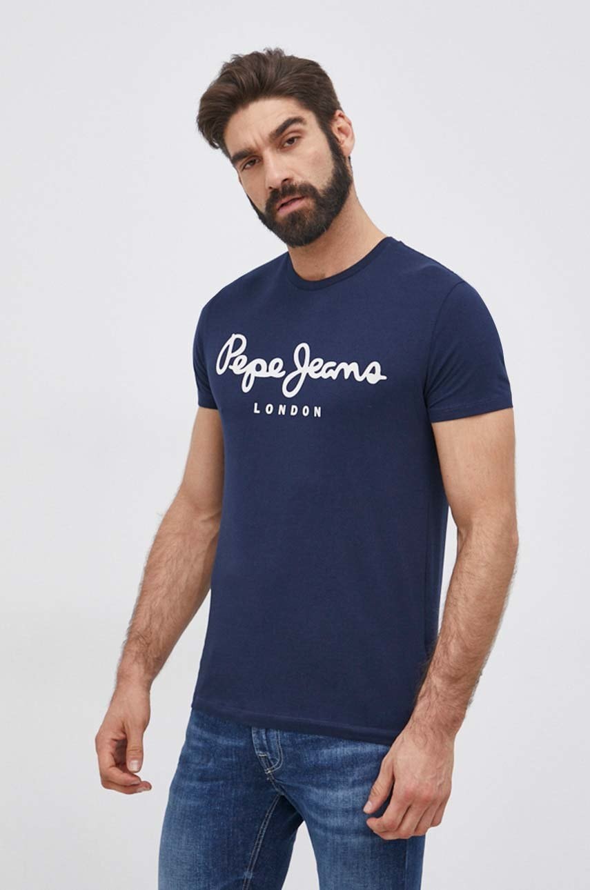 Pepe Jeans Tricou Original Stretch Barbati, Culoarea Albastru Marin, Cu Imprimeu